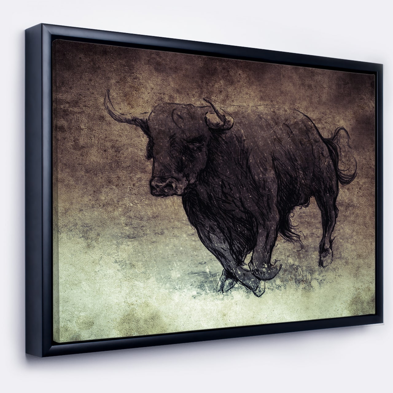 Designart - Bull Running on Vintage Paper - Animal Canvas Art Print in Black Frame